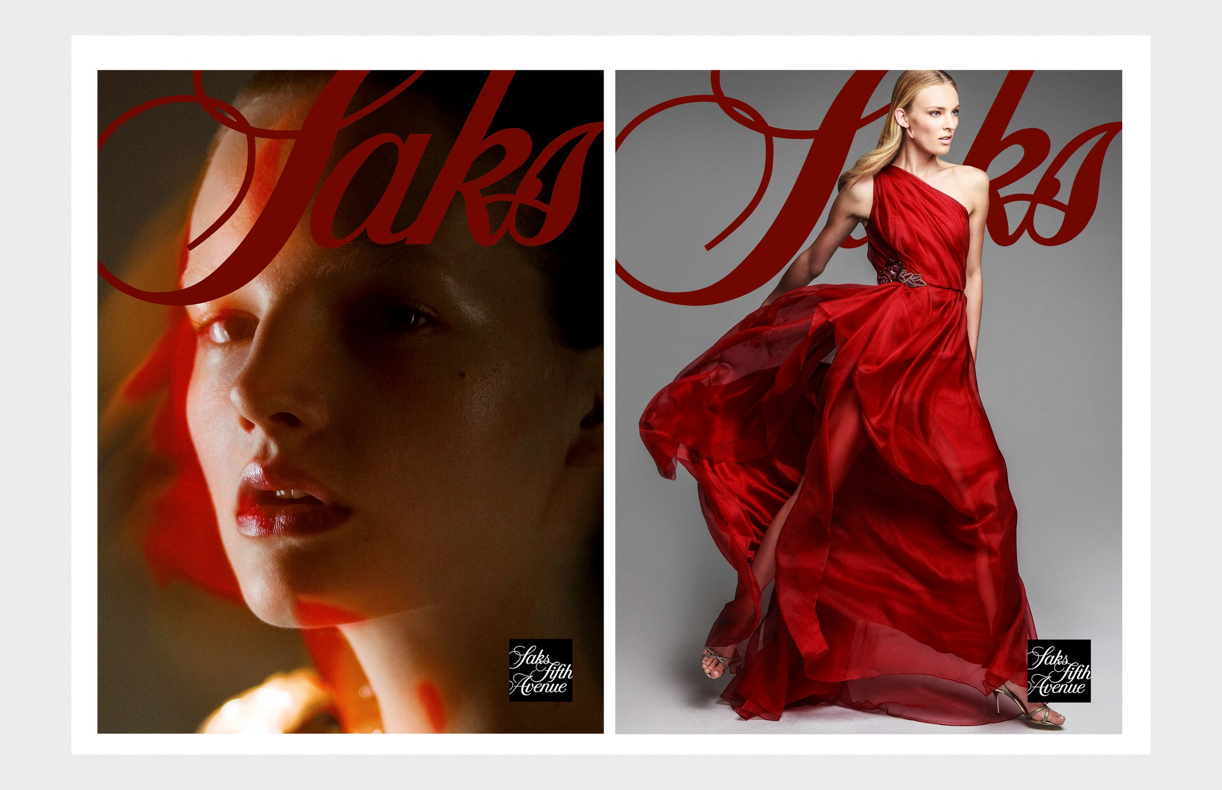 Saks Fifth Avenue fashion editorial featuring models in elegant red dresses, one in a flowing gown and one in a close-up portrait.