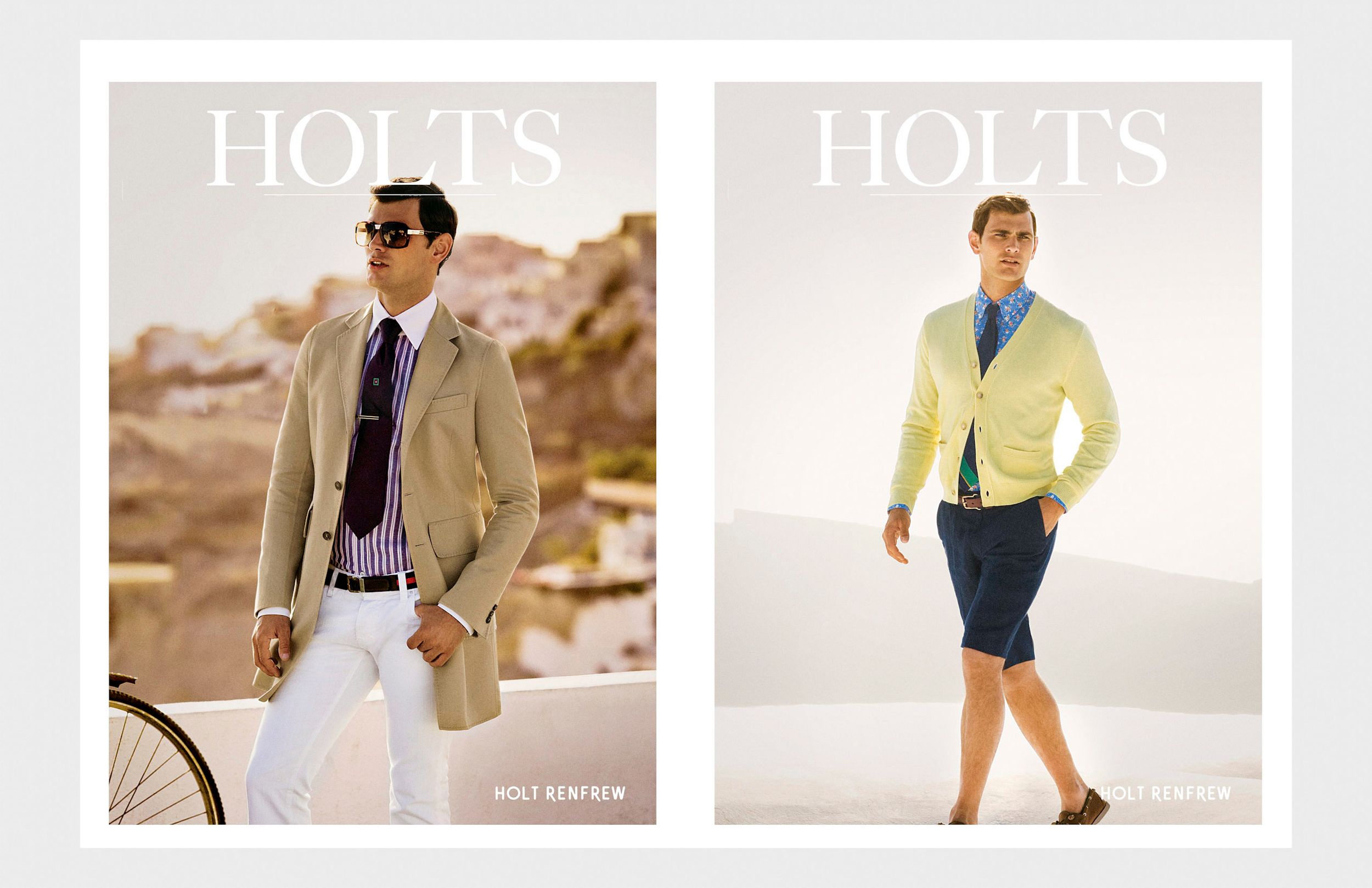 Holts Renfrew menswear campaign featuring two models in smart casual spring outfits in a desert setting.