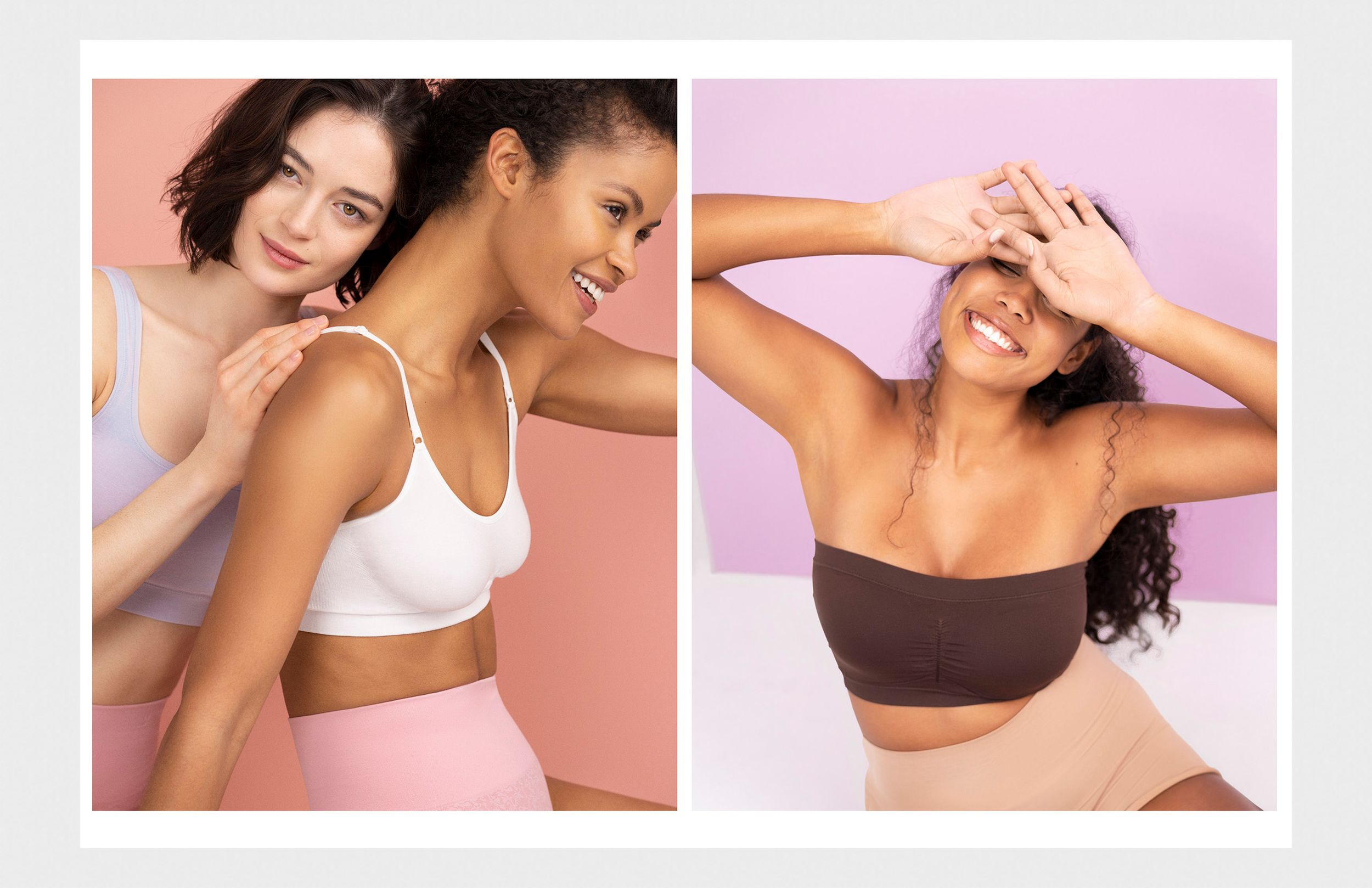 Two women in soft-hued bras and underwear pose together, showcasing comfortable everyday lingerie in neutral tones.
