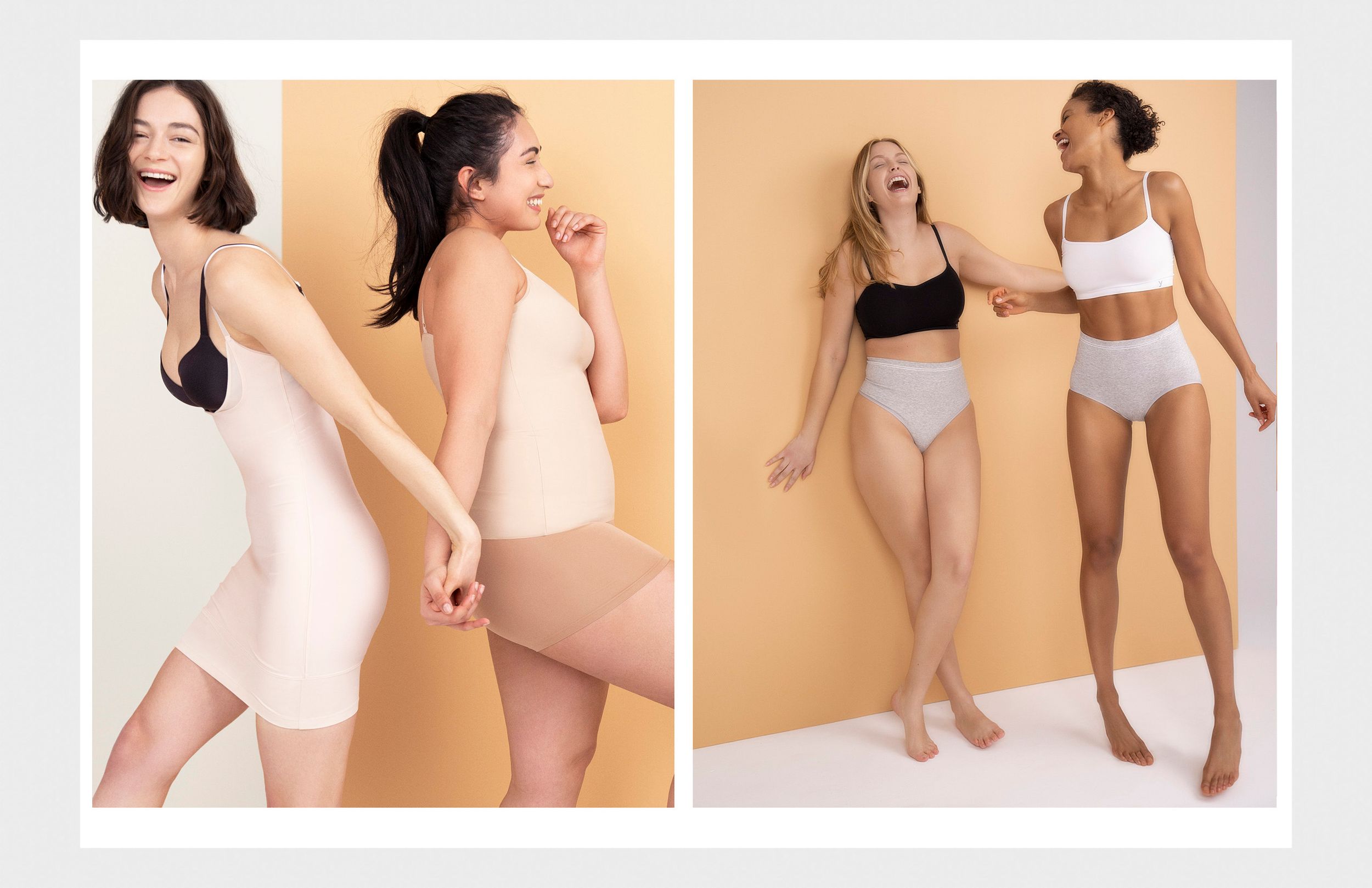 Two women model nude shapewear bodysuits and seamless underwear against a warm beige background.
