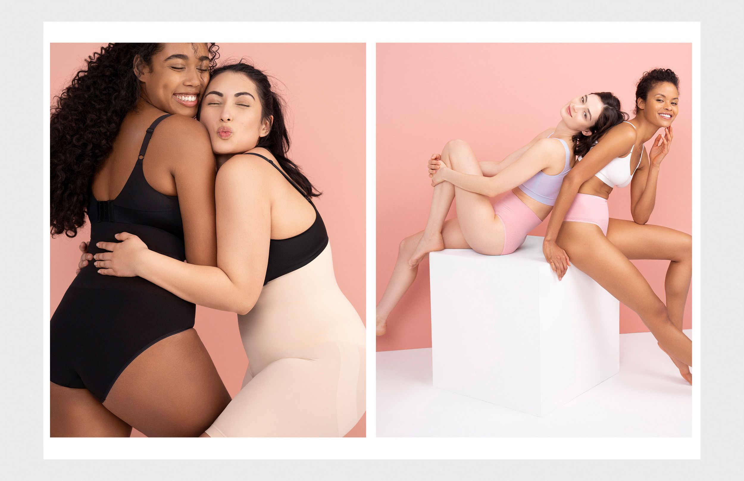 Two women in black and beige shapewear embrace, while two models pose in pastel lingerie on white cubes.