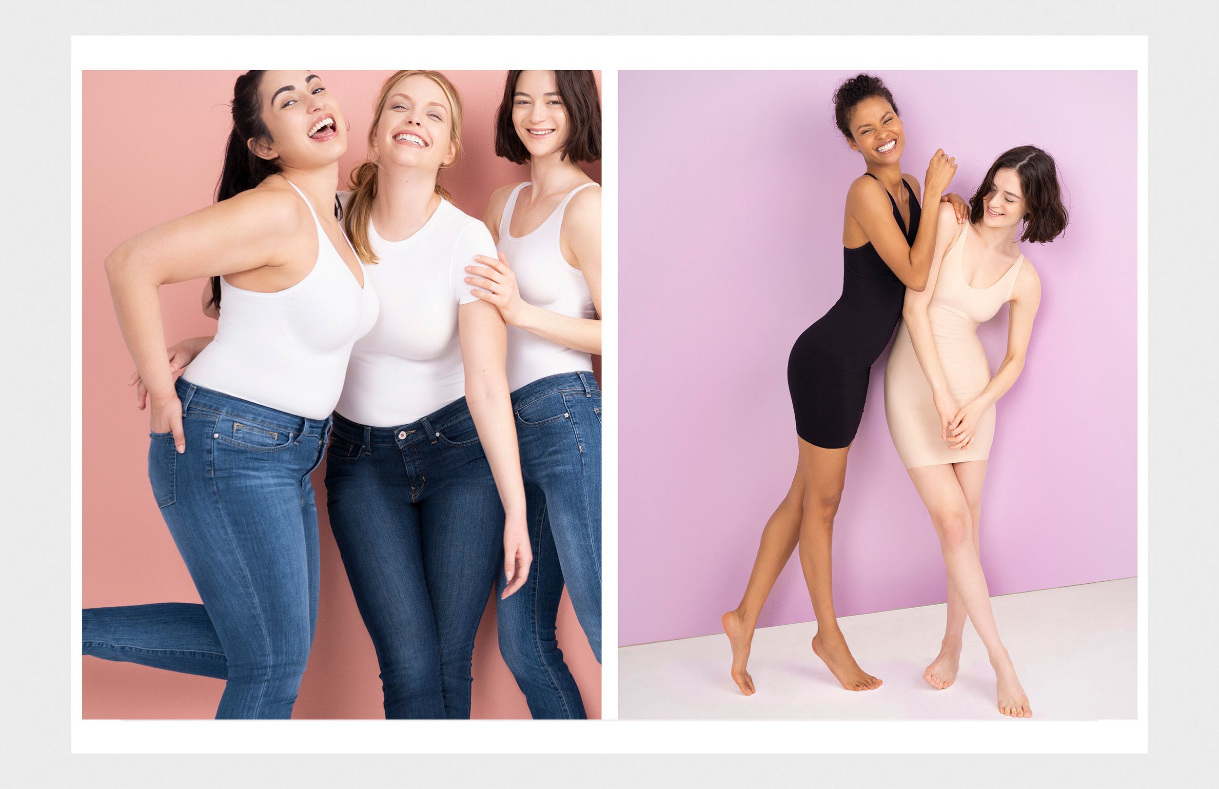 Three women in white tops and jeans pose together on pink background beside two women modeling shapewear bodysuits.