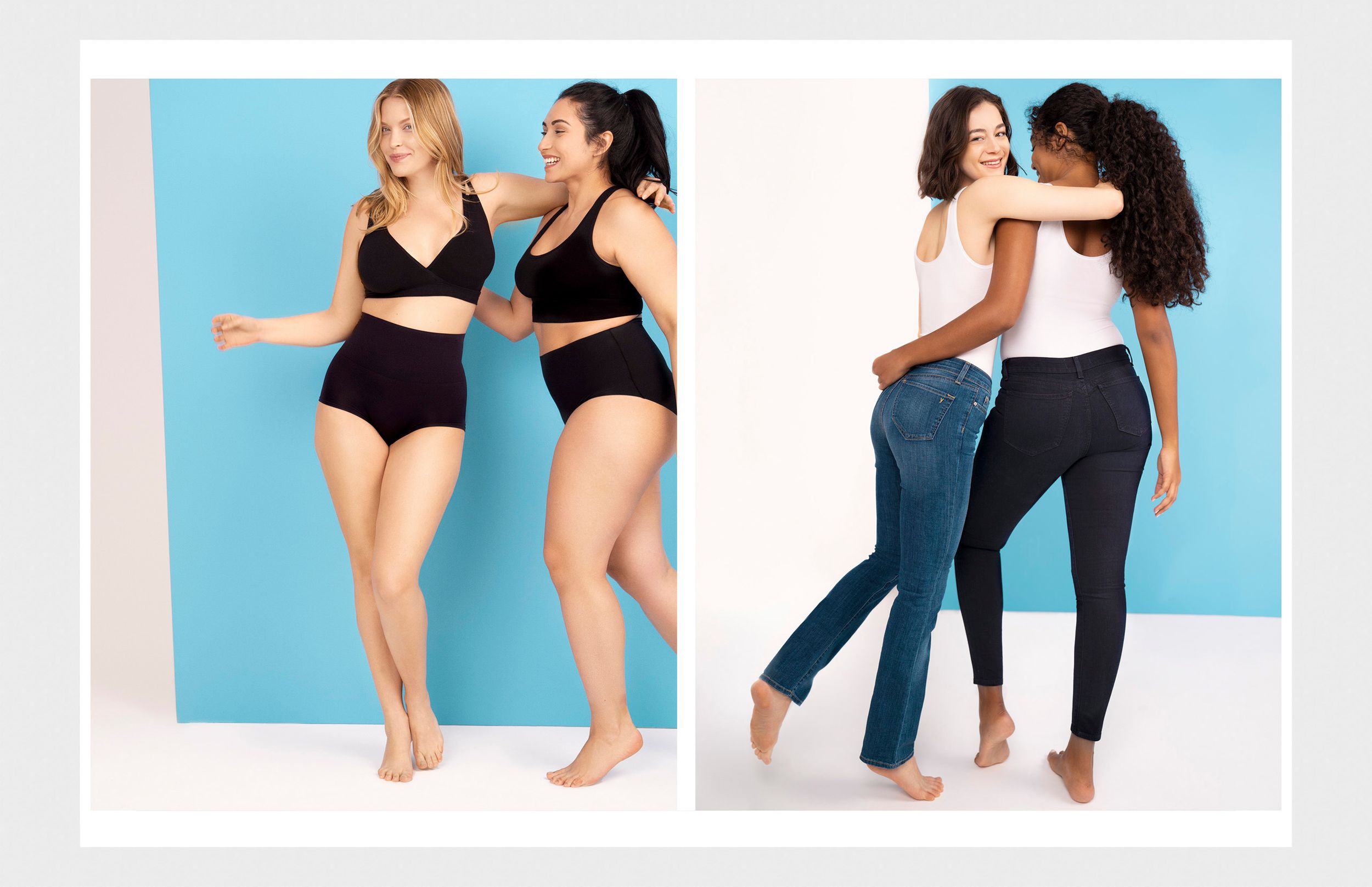 Two women in black shapewear underwear and bras pose confidently, while two friends embrace in jeans on a blue background.