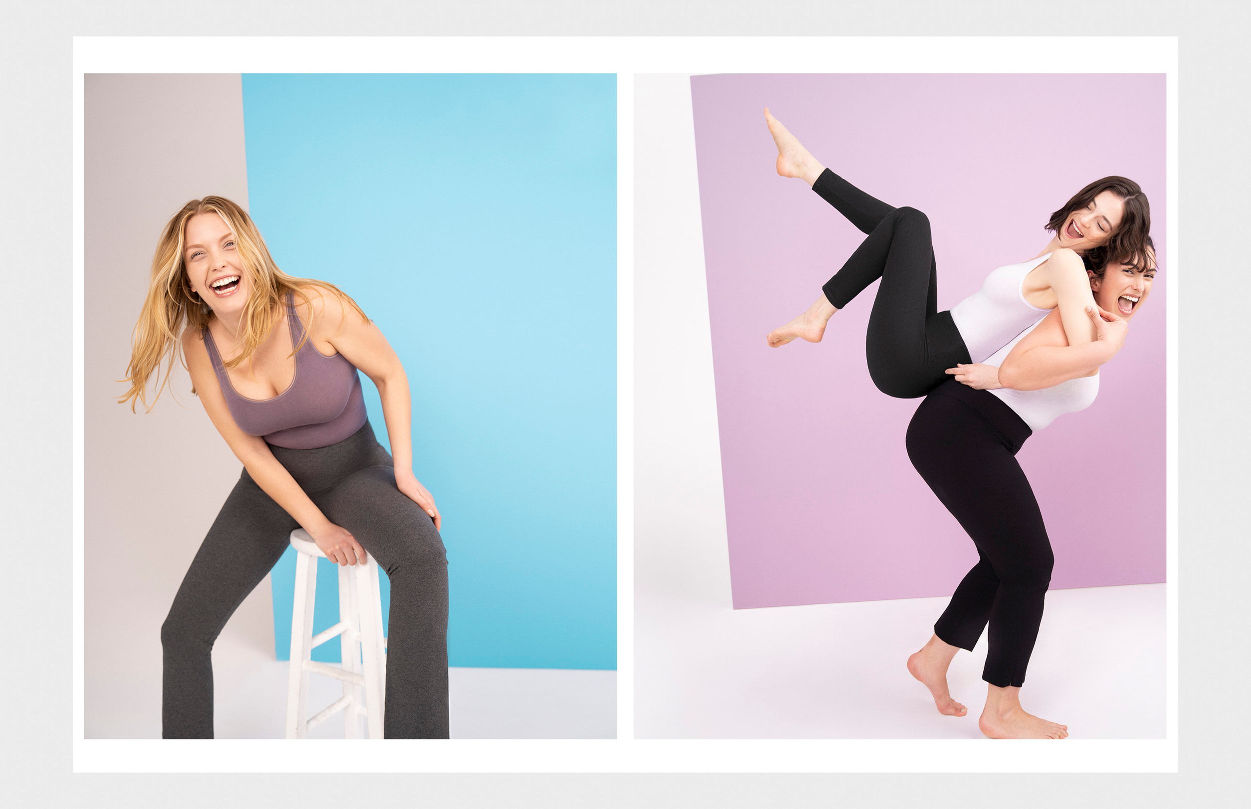 Two women laugh and pose in purple and black yoga pants and tank tops against colorful backgrounds.