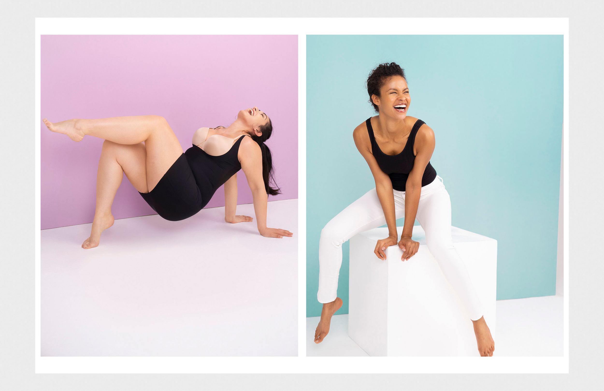 Two women model black bodysuits and white pants, posing playfully on cubes against pastel backgrounds.