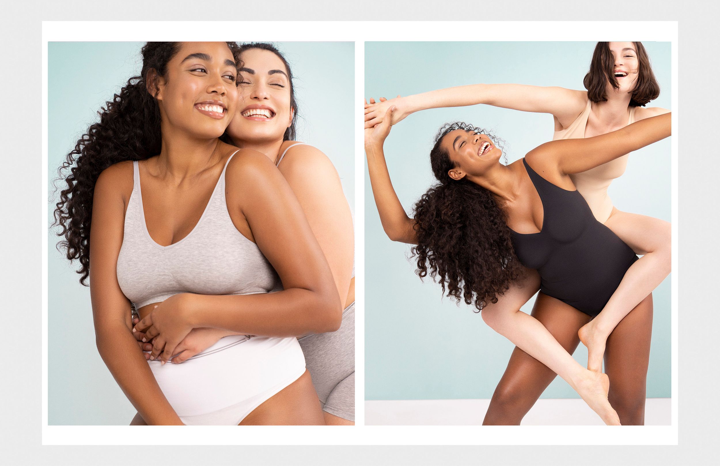 Two women in neutral-toned underwear and bodysuits laugh and play together against a soft teal background.