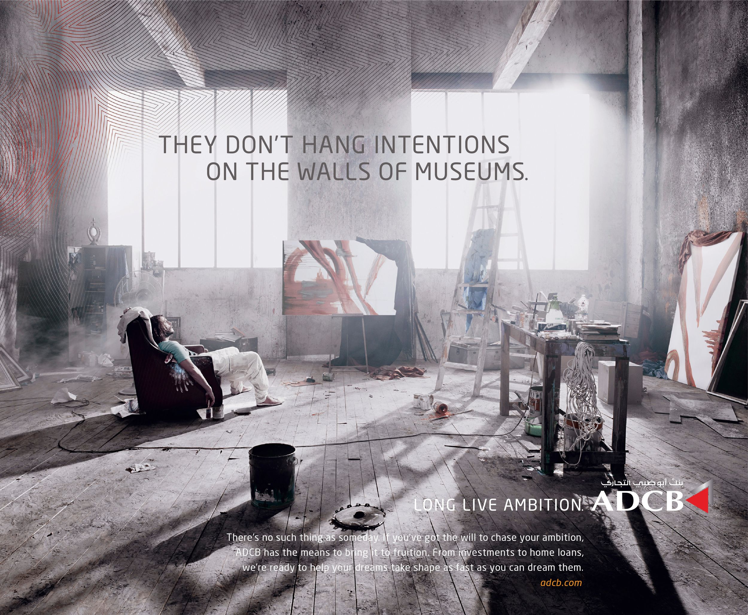 ADCB bank advertisement featuring an artist studio with the tagline They Don't Hang Intentions On The Walls Of Museums.