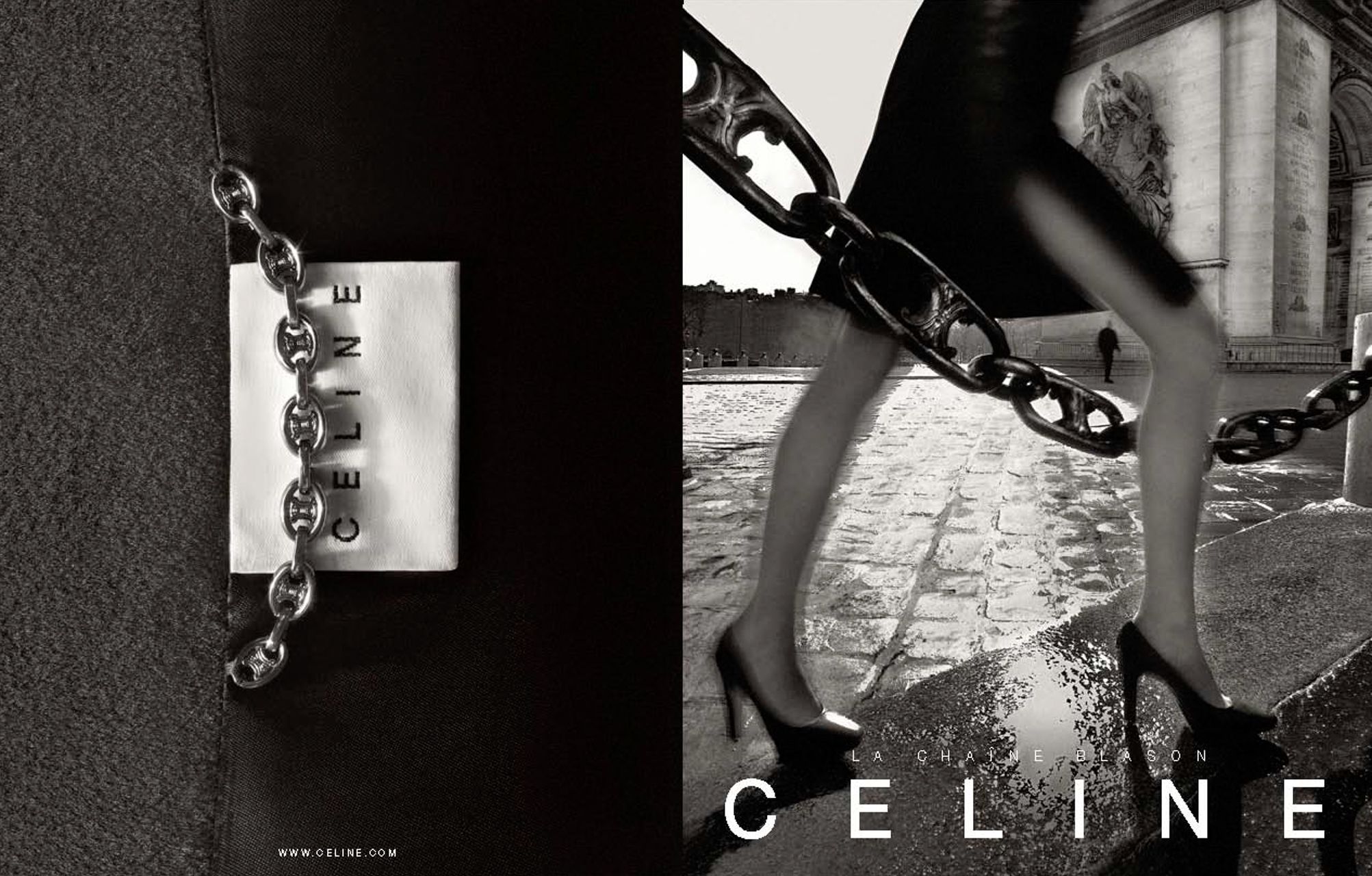 Black and white Celine fashion campaign featuring chain bracelet jewelry and stiletto heels near water.