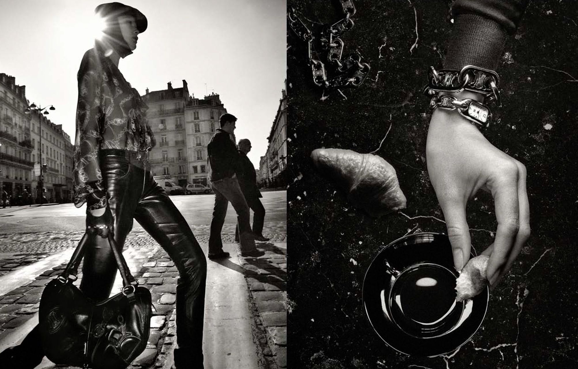Black and white fashion photo of model in leather pants on Paris street beside close-up of hand with bracelet holding vinyl record.