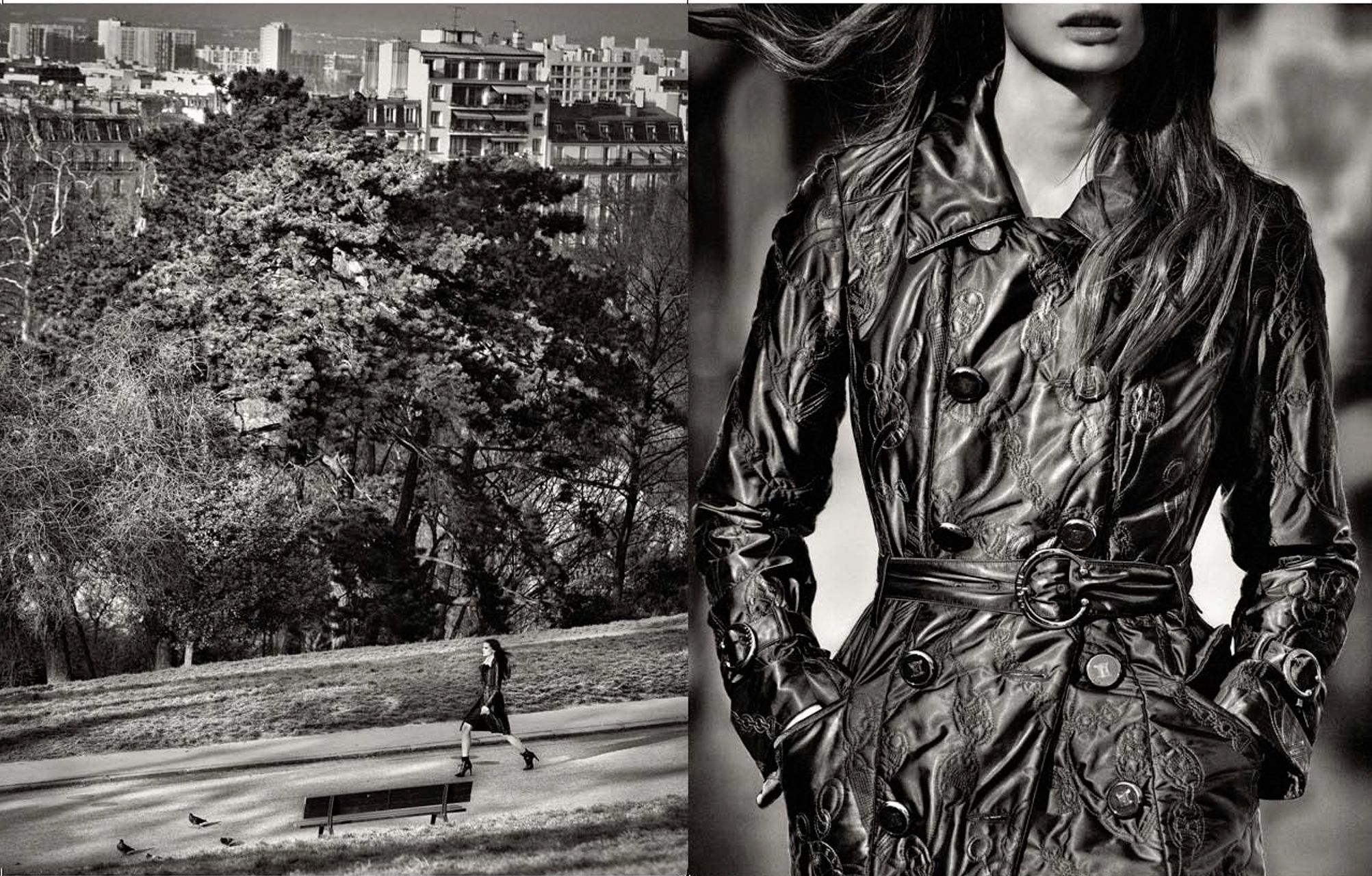 Black and white diptych of a park scene with a lone figure and a model in a shiny belted trench coat.