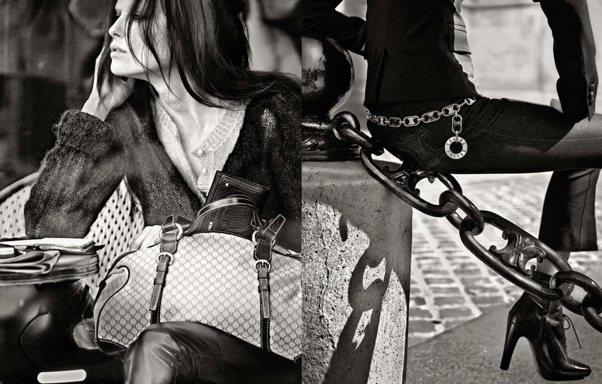 Black and white fashion photo featuring a woman with a Louis Vuitton bag and bold chain accessories.