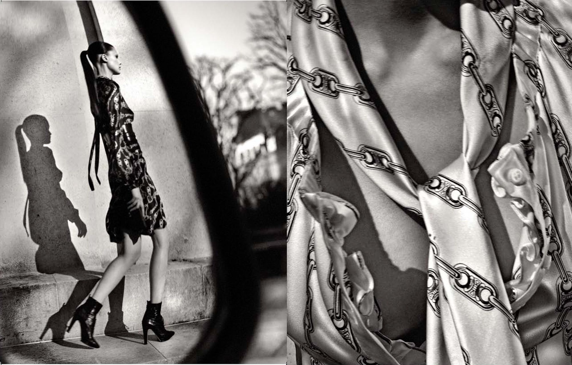 Fashion model in black outfit and heels casting shadow, beside a close-up of a gold chain-print silk scarf.