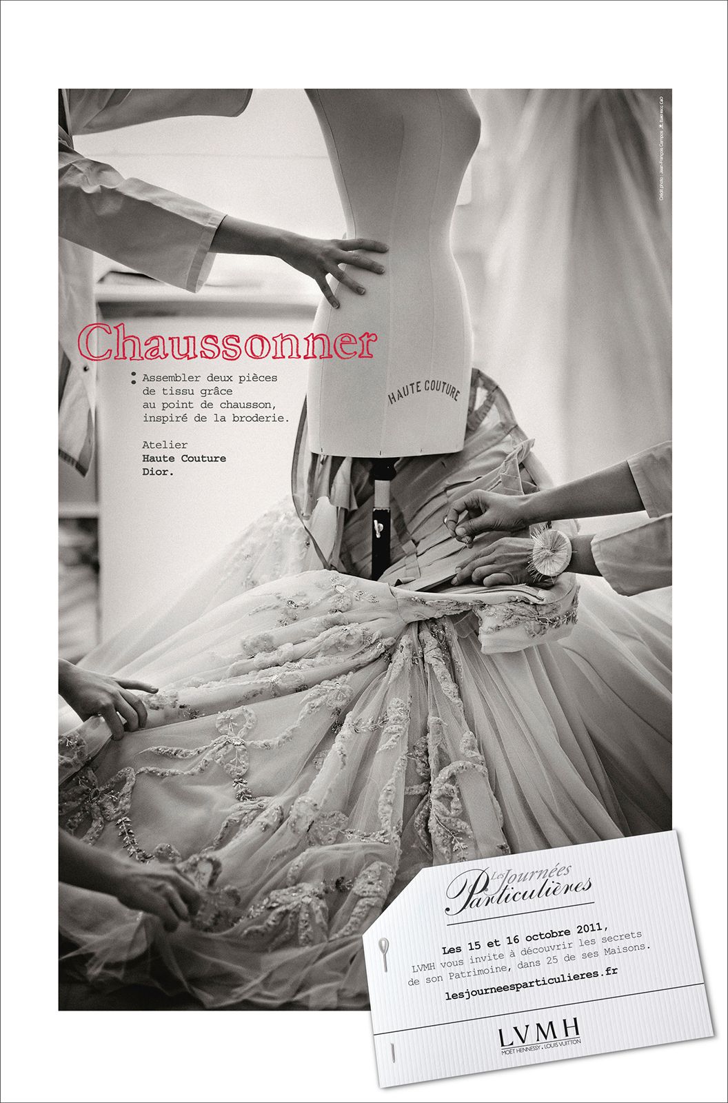LVMH Journées Particulières ad featuring Chausonner haute couture gown being fitted, black and white fashion photography.