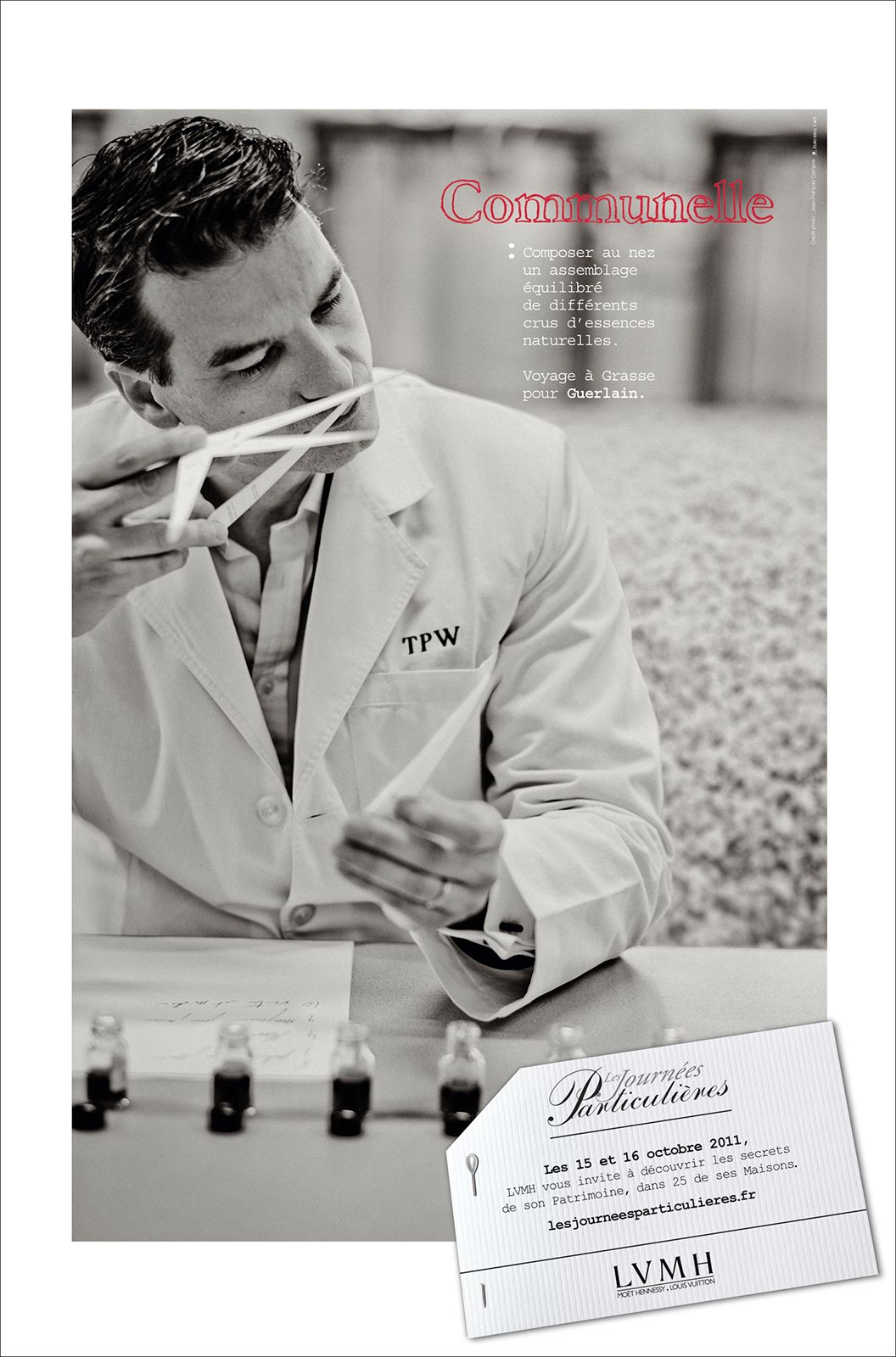 A perfumer in a white lab coat smells fragrance samples at a workbench in a LVMH Journées Particulières advertisement.