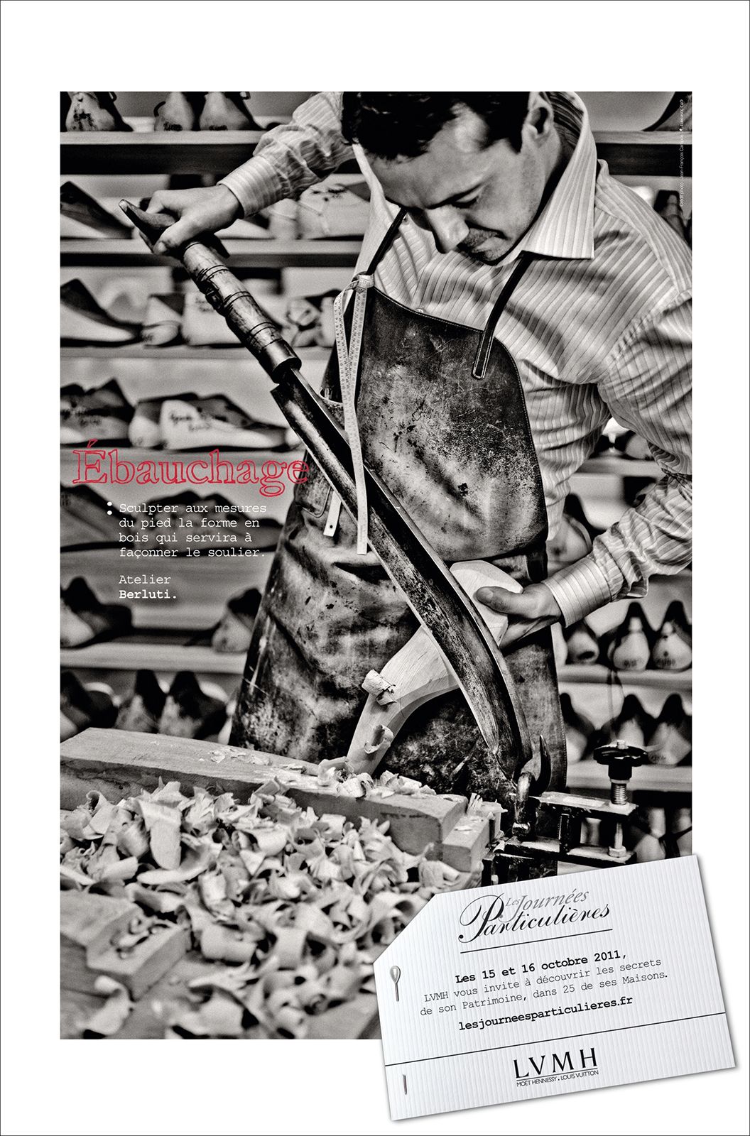 Black and white photo of a craftsman shaping a shoe last at Berluti atelier, featured in LVMH Journées Particulières 2011.