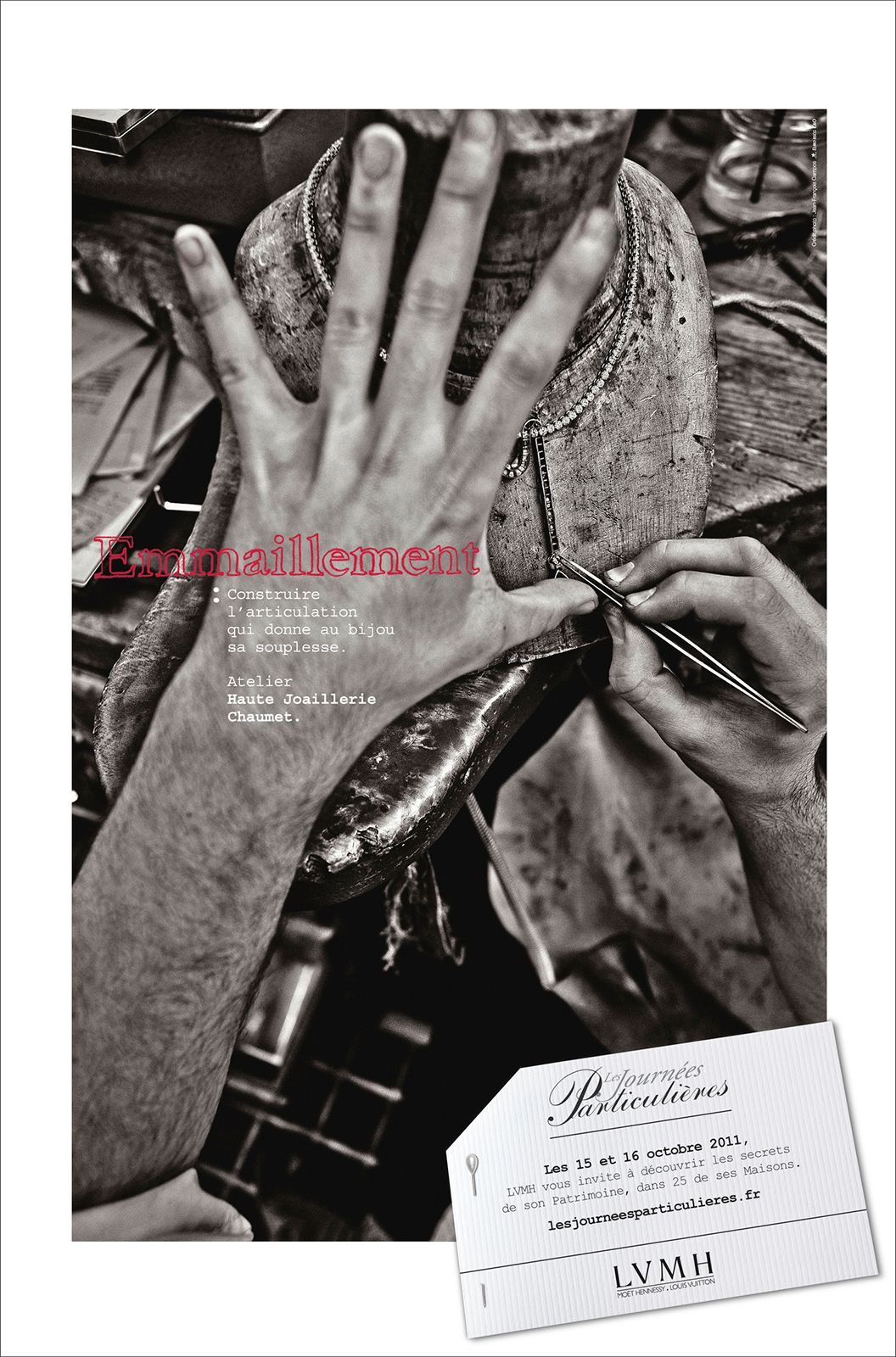 Black and white LVHM jewelry advertisement showing hands crafting enamel work with French text and event details.