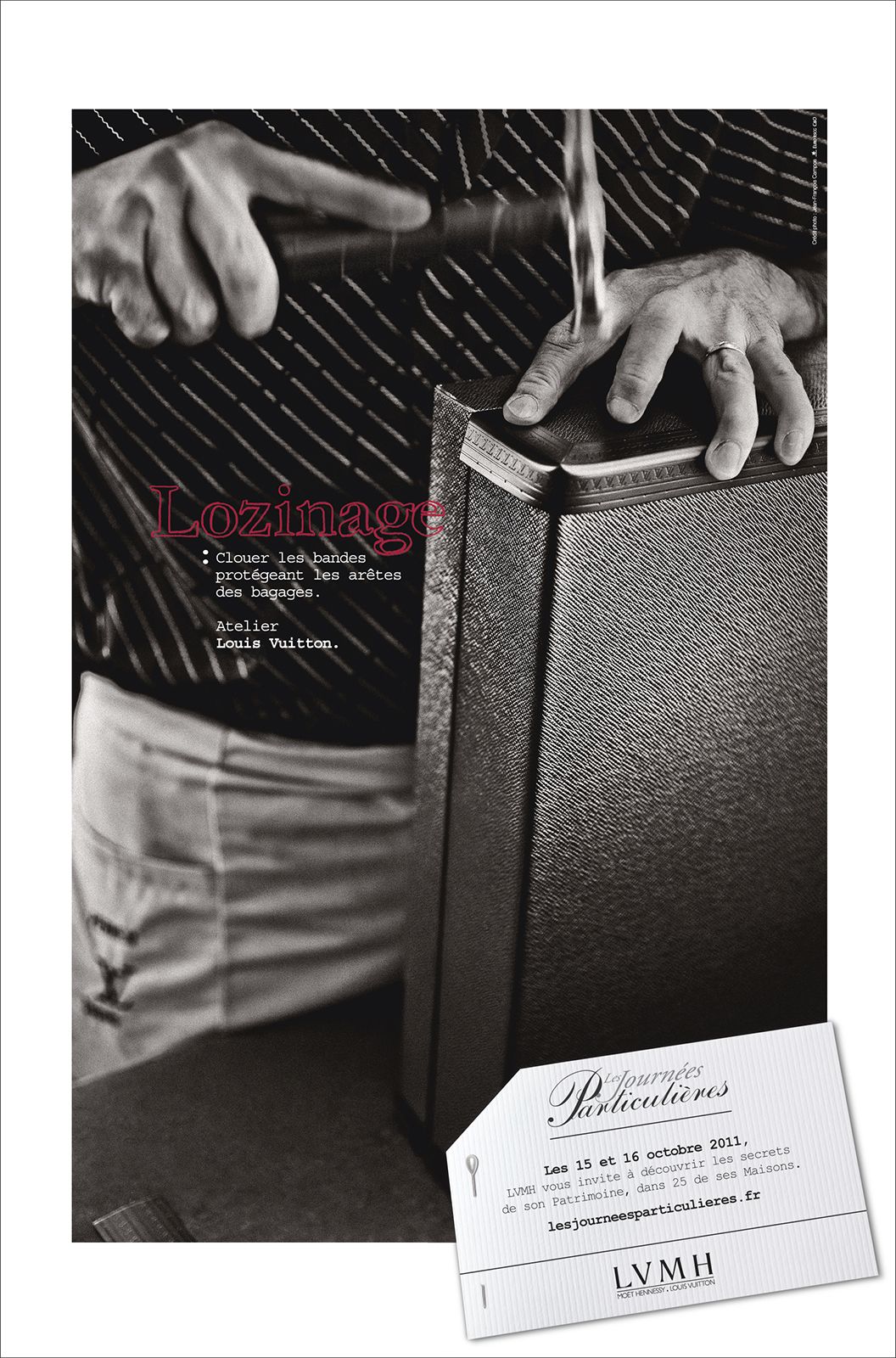 Black and white Louis Vuitton Lozinage advertisement showing hands crafting a luxury leather book binding.