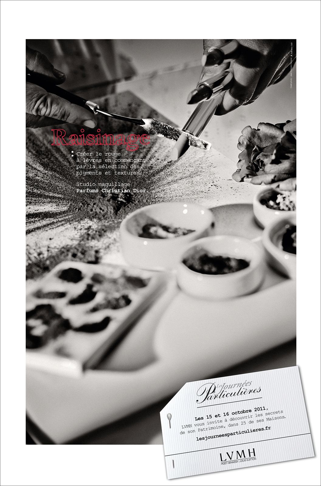 Black and white culinary art advertisement for LVMH Journées Particulières 2011, featuring hands plating gourmet dishes.
