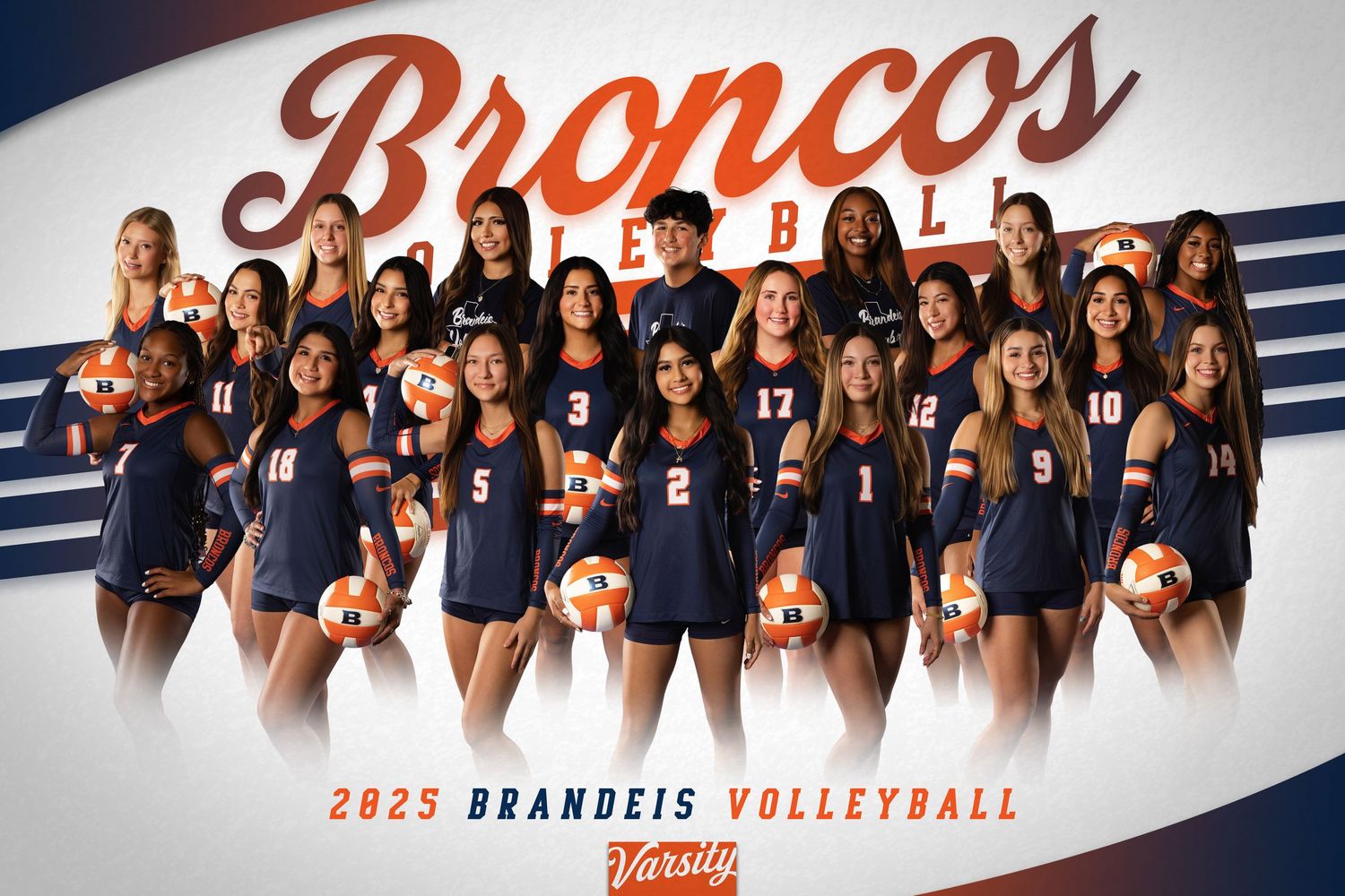2025 Brandeis Broncos varsity volleyball team photo with players in blue and orange uniforms.