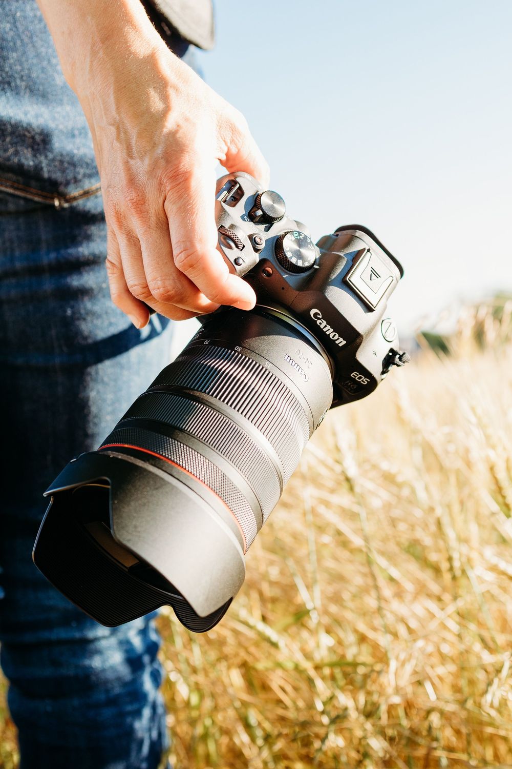 A photographer holds a Canon EOS mirrorless camera with a large lens in a golden wheat field on a sunny day.
