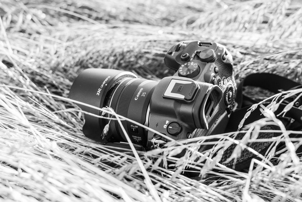 Black and white photo of a Canon DSLR camera with telephoto lens resting in dry grass outdoors.