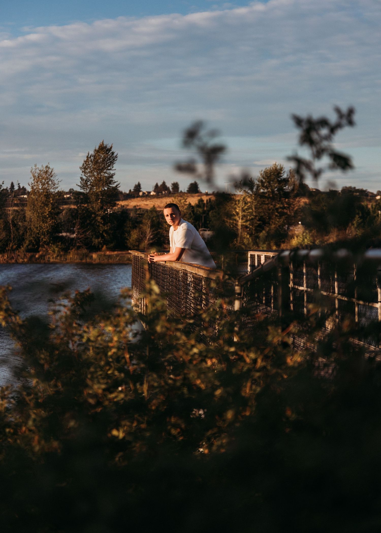 A person leans on a wooden railing at golden hour, surrounded by lush trees and a scenic landscape in the background.