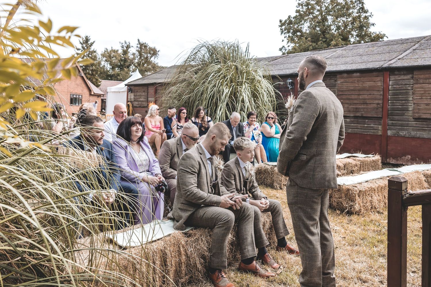 Guests interacting during a relaxed wedding day.
