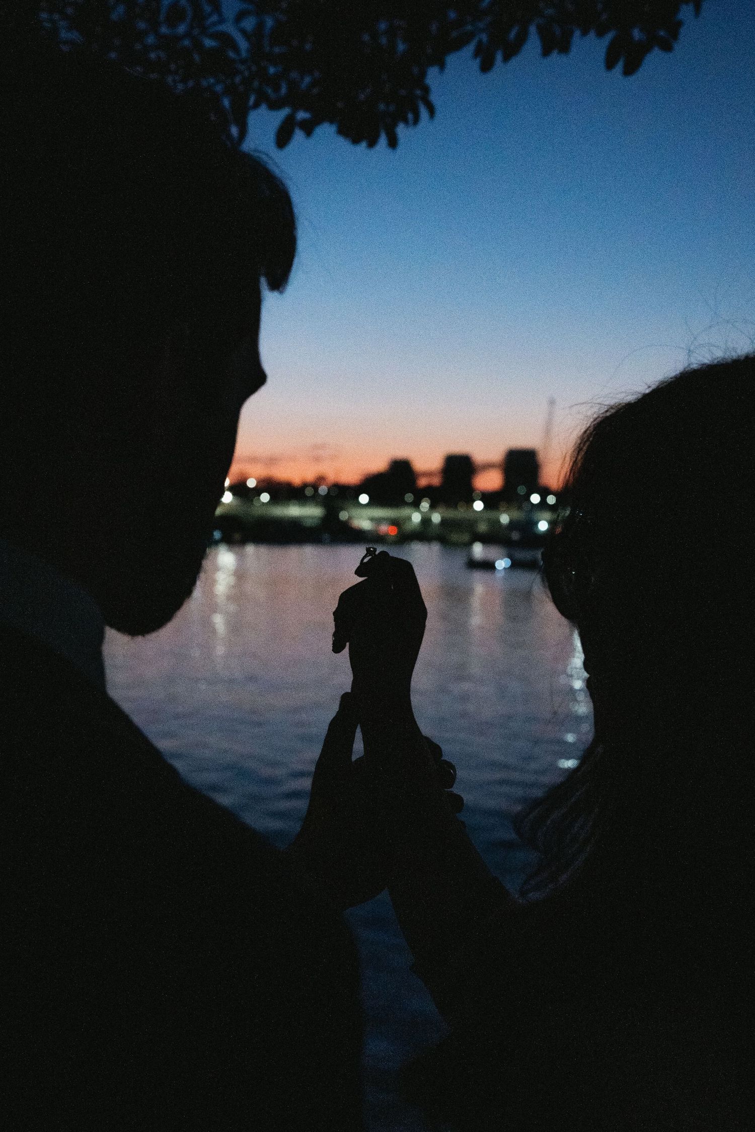 Silhouettes of two people against a sunset sky over calm water at dusk.