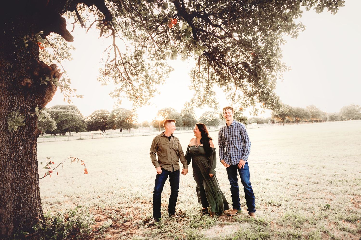 Sunset family portrait under a large tree in a peaceful meadow setting.