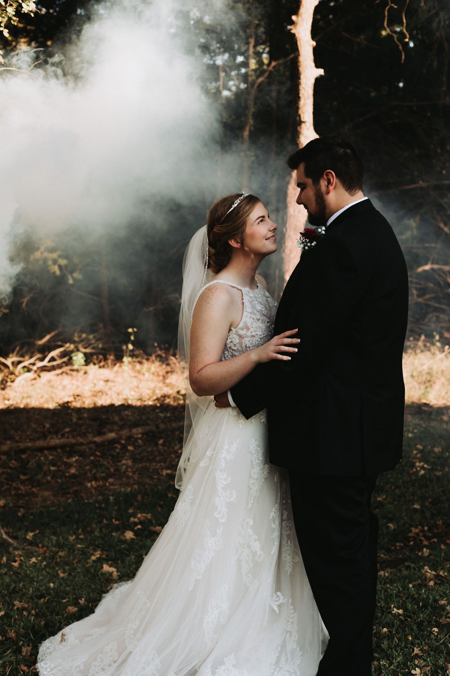 Married couple looking into each others eyes.