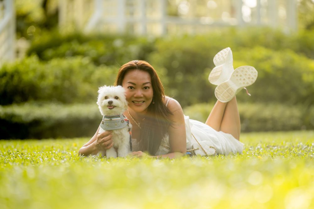 Small white dog and companion enjoying sunny day on green grass.
