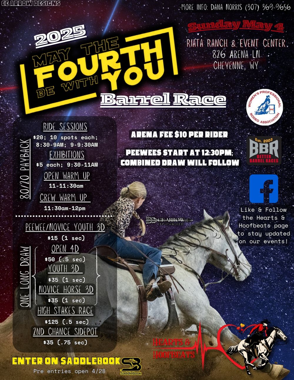 Barrel racing competition flyer collage with starry night sky background and silhouettes of riders on horseback.