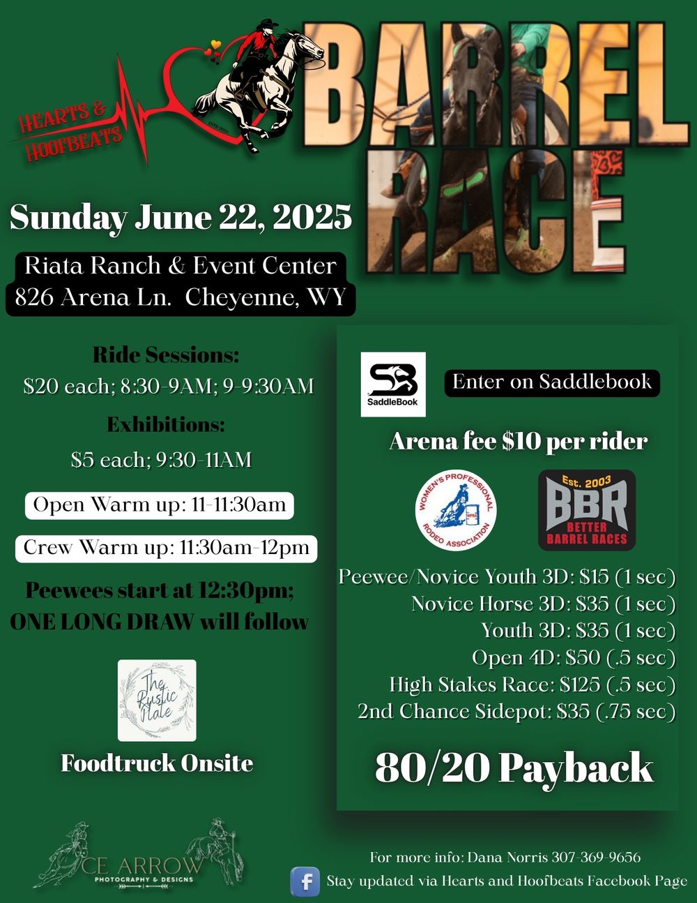 Green promotional flyer for Barrel Race event at Riata Ranch featuring event details, sponsor logos and payouts.