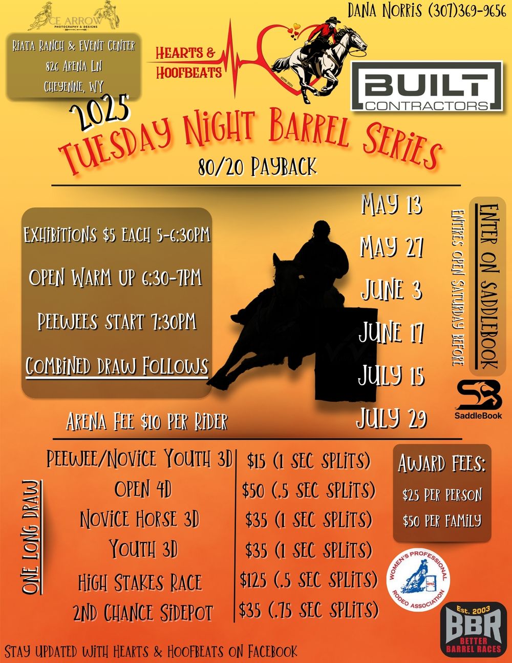 Rodeo event schedule banner showing barrel racing series dates and payouts with orange sunset background.