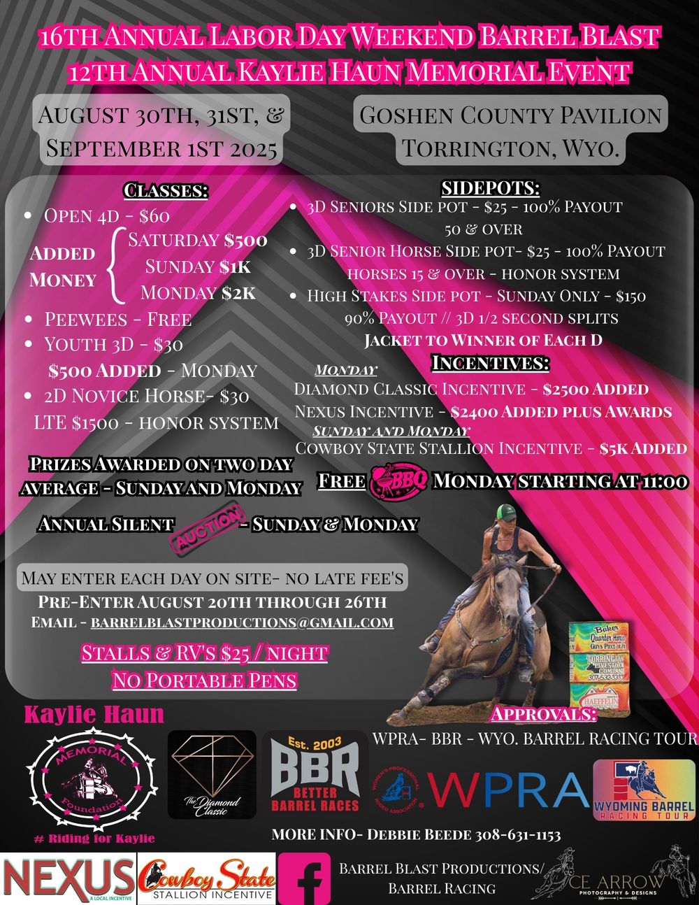 Promotional banner collage for a barrel racing and equestrian event featuring purple and pink text on black backgrounds.