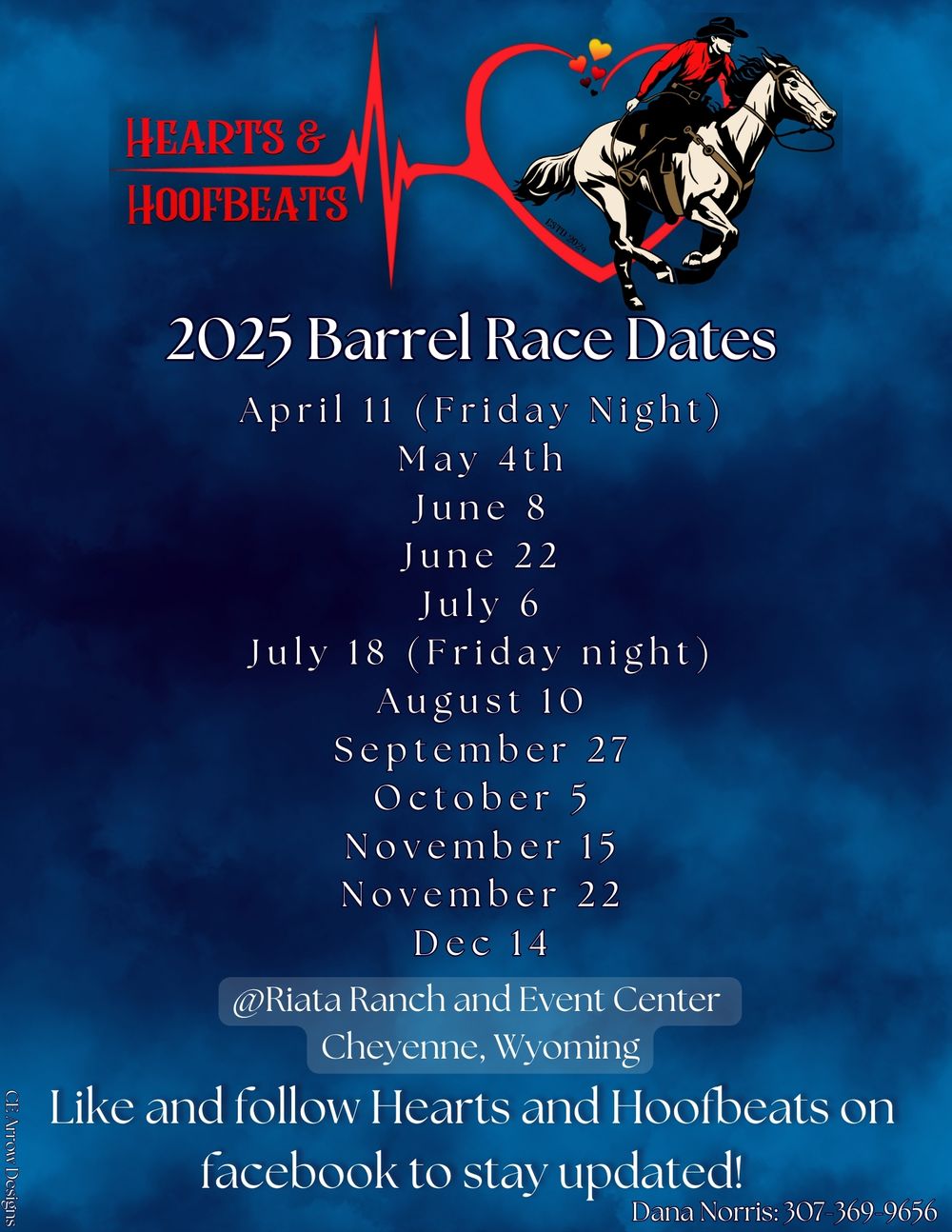 2025 Barrel Race event schedule poster with race dates at Rlata Ranch showing a horse and rider silhouette on blue background.