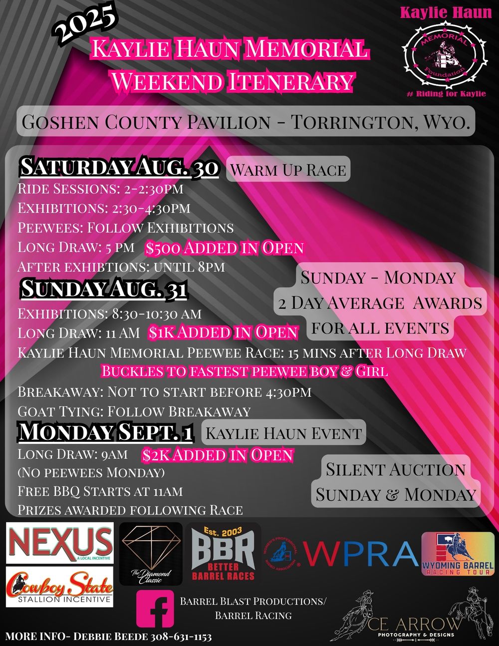Event flyer for Kaylie Haun Memorial Weekend at Goshen County Pavilion featuring barrel racing and goat tying competitions.