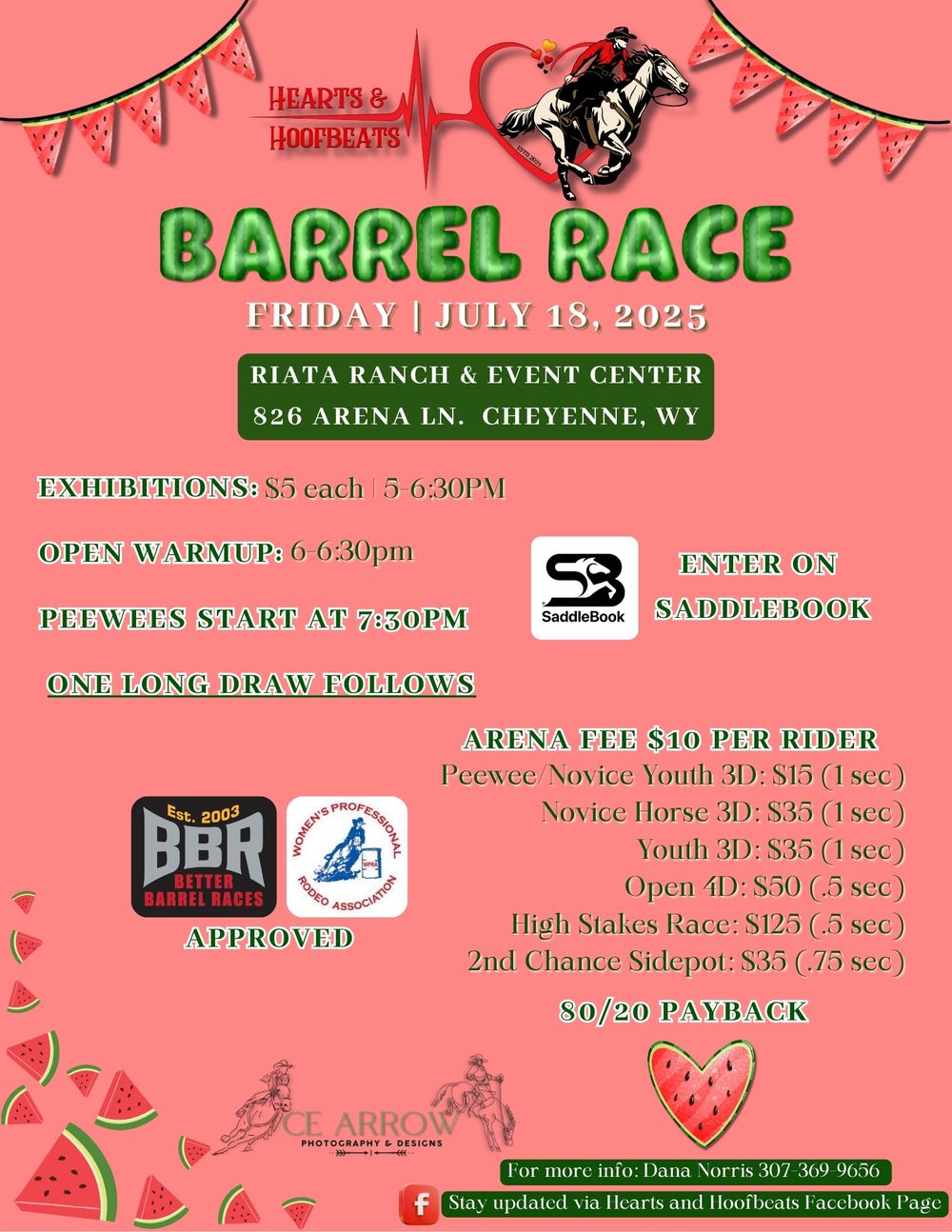 Pink rodeo event flyer showing barrel race competition details with bunting decorations and watermelon graphics.