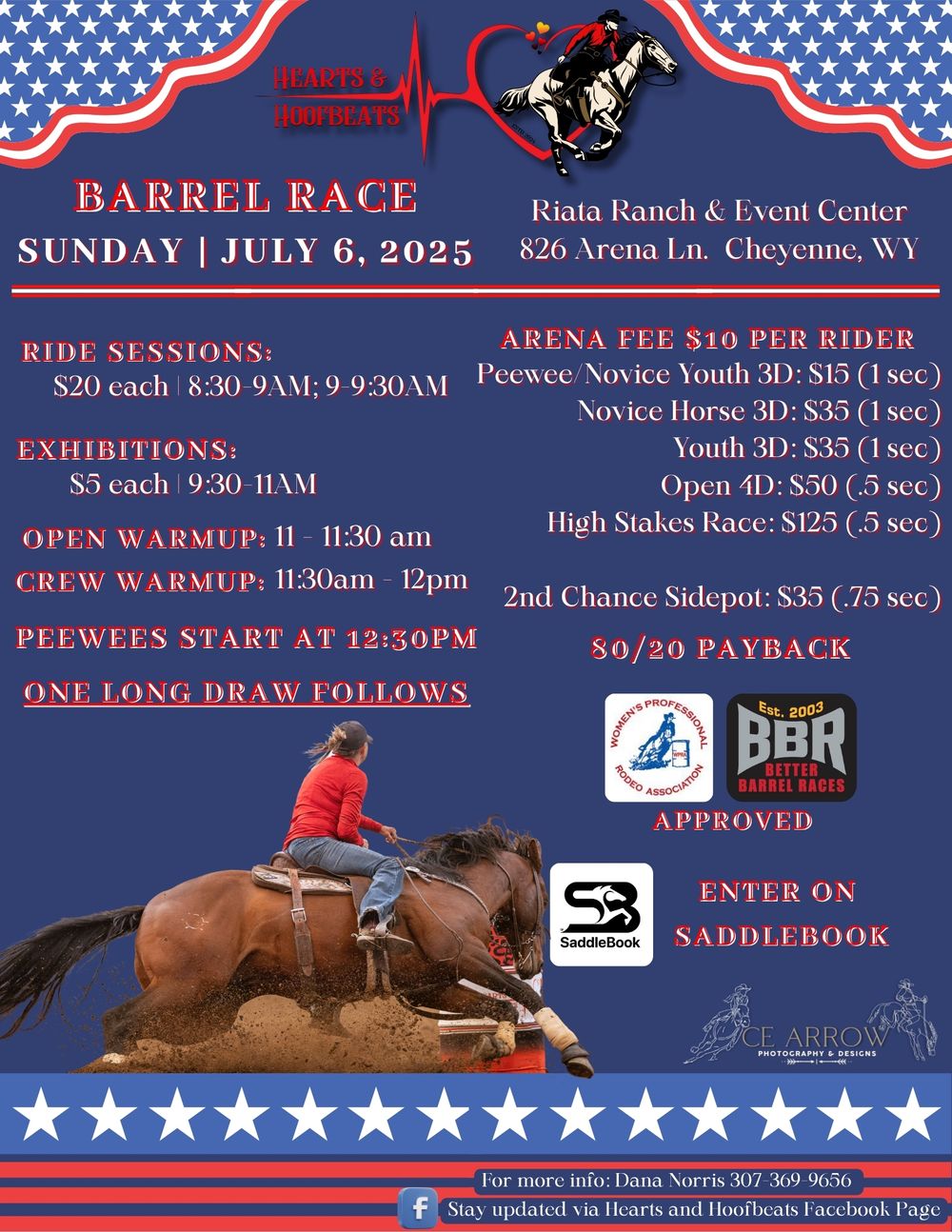 Red white and blue rodeo barrel racing event promotional banner with patriotic stars and stripes design elements.