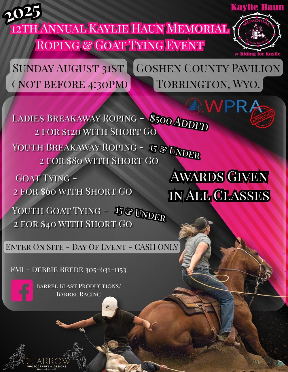 Event poster for Kaylie Haun Memorial Rodeo and Goat Tying showing a rider competing in goat tying at a county pavilion.