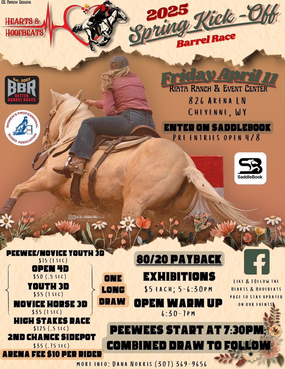 Vintage-style western barrel race event poster featuring a rider on horseback against a rustic brown background.