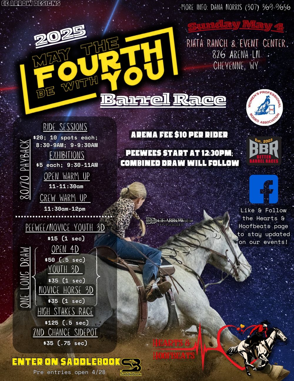 Star Wars themed rodeo event poster featuring a barrel racer against a starry space background with yellow text and logos.