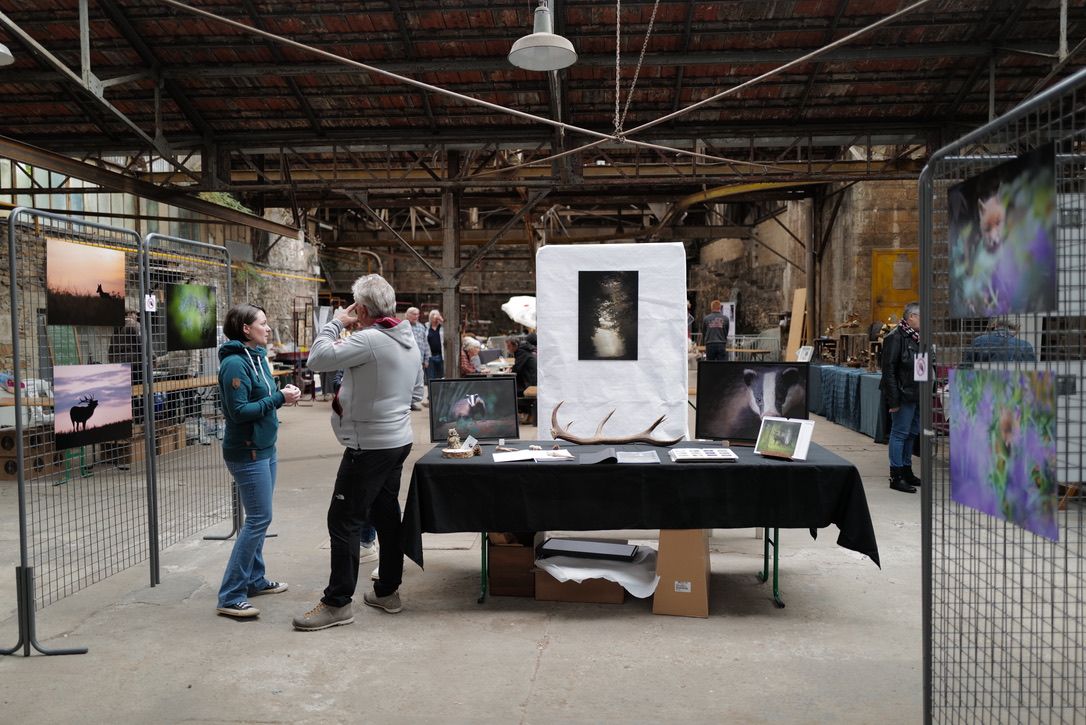 Art exhibition setup in an industrial warehouse space with display panels and tables.
