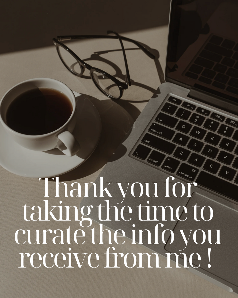 Coffee cup and glasses next to laptop with typography about gratitude overlaid.