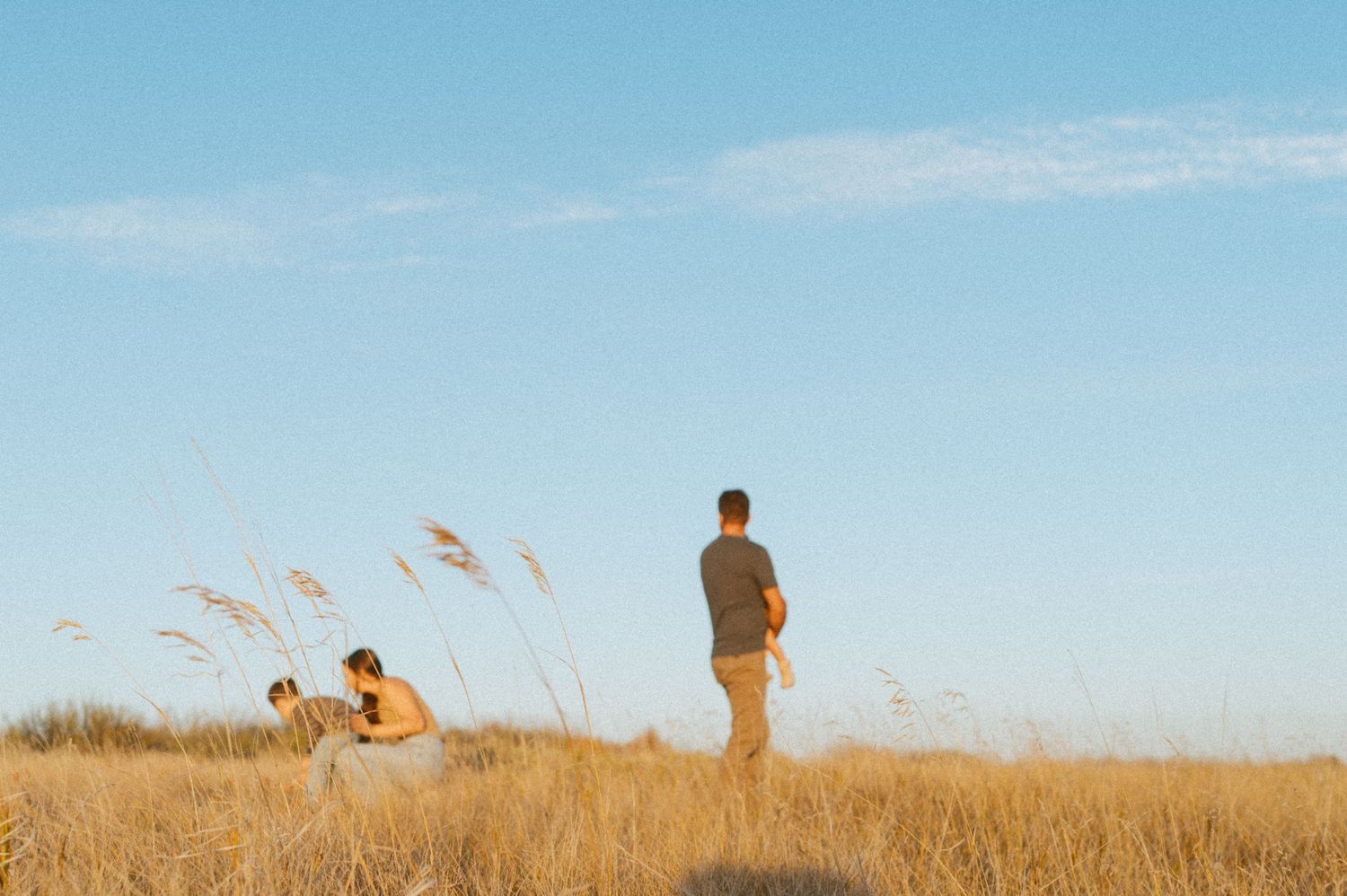 Silhouettes of people standing in tall grass field against blue sky.