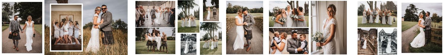 Grid layout of candid wedding moments and portraits in vintage style at Meldrum House Hotel Aberdeenshire.