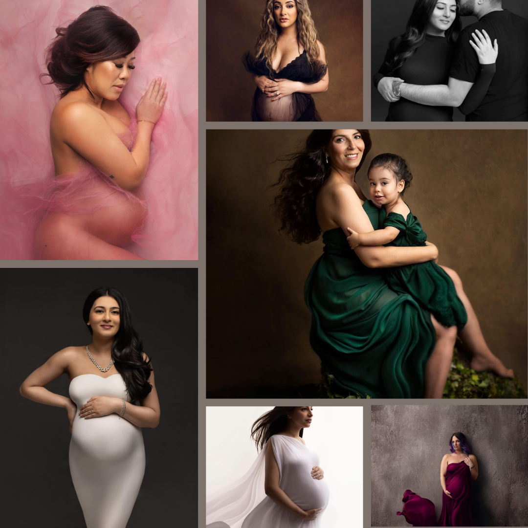 maternity styles for pregnancy photos with Elizabeth Lang Photography. A variety of fabrics and dresses for your photoshoot.