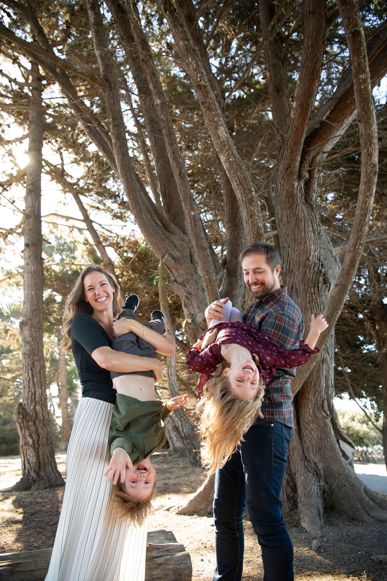 Two parents holding their laughing children upside down by the ankles beneath wind-swept cypress trees.