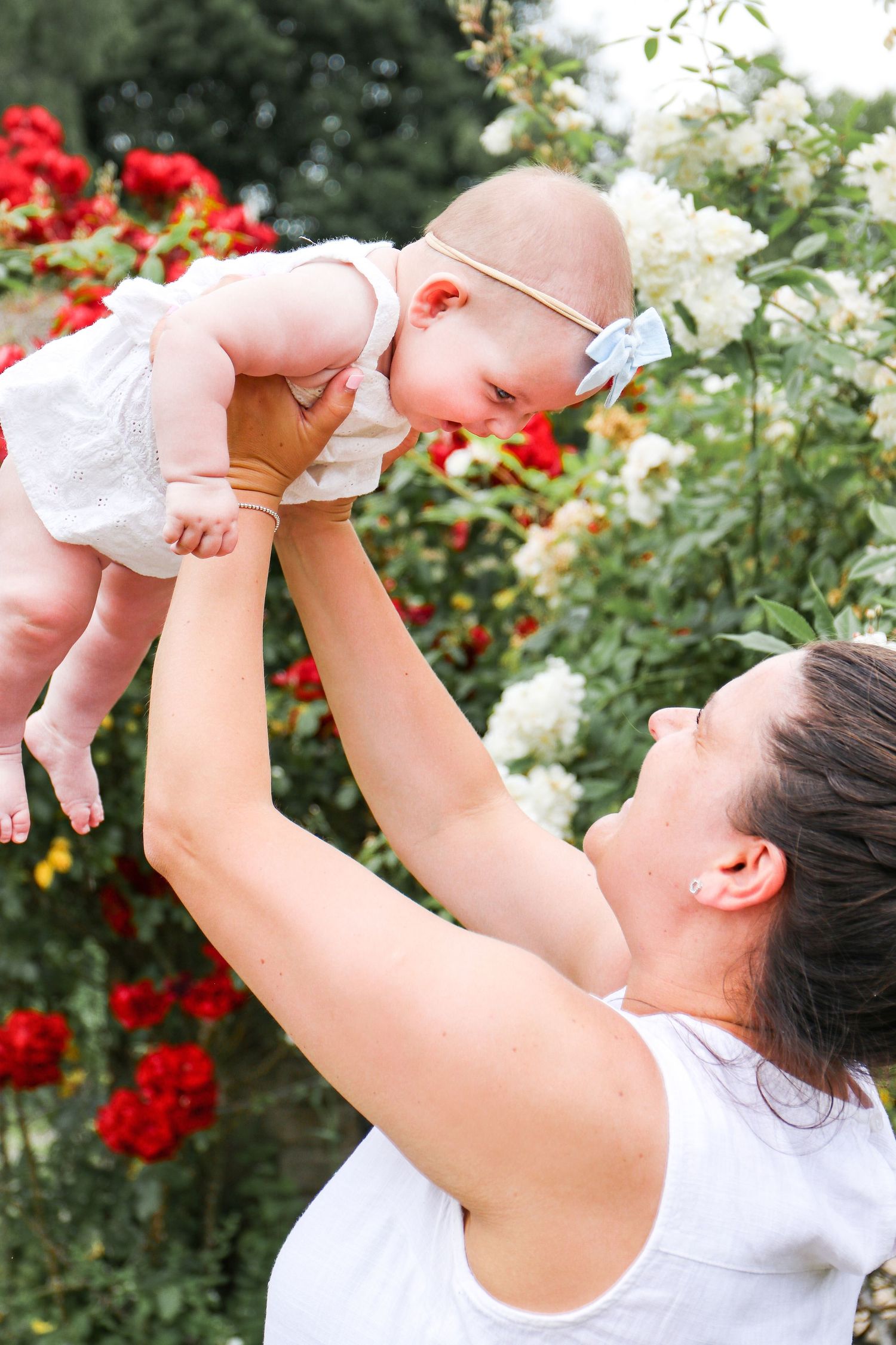 A parent lifts a baby up in the air against a garden background with red and white flowers, during family shoot in Derbyshire