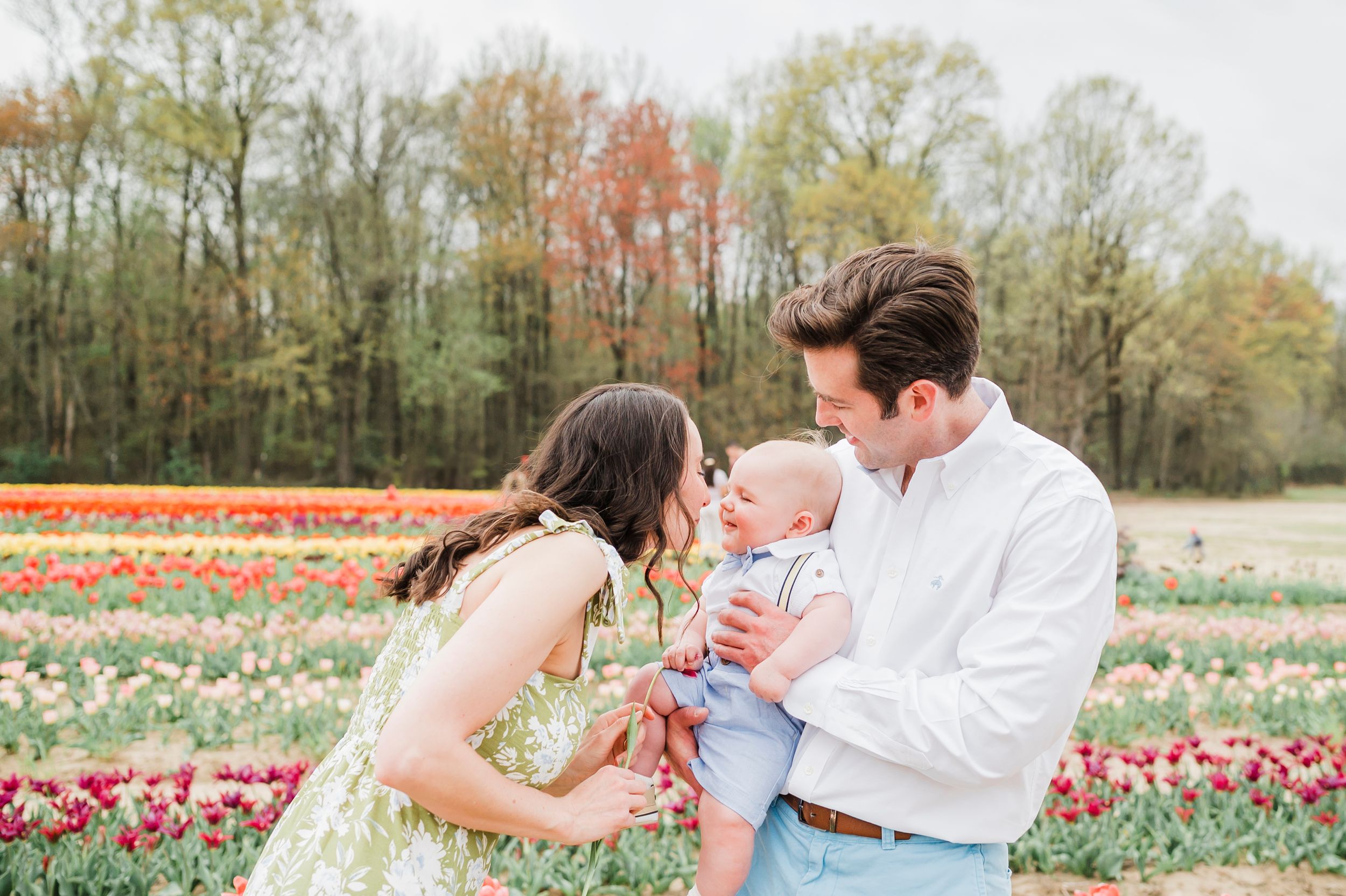 A family shares a tender moment together in a vibrant spring tulip field with colorful blooms and trees in the background.
